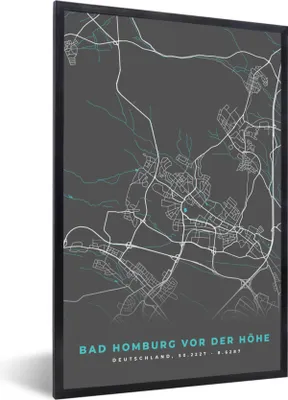Produktbild von MuchoWow® Gerahmtes Poster Stadtplan - Karte - Bad Homburg vor der Höhe - Blau - Deutschland - Karte 20x30 cm - Poster mit Schwarzem Bilderrahmen Wandposter Rahmen Foto Bilder - Drucken - Bilder Poster im Rahmen