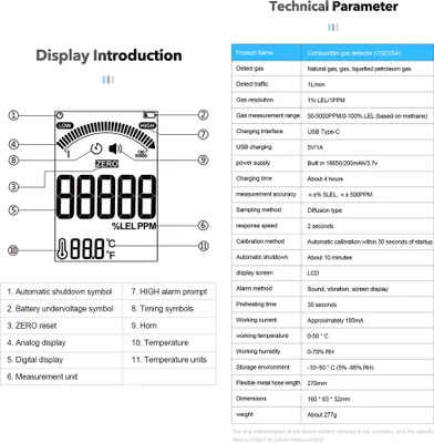 Zdjęcie produktu dla Ręczny wykrywacz nieszczelności gazów palnych Tester nieszczelności gazów naturalnych Przenośny analizator stężenia gazów palnych z testem temperatury i funkcją alarmu dźwiękowego