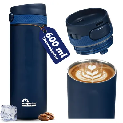 Produktbild von Majestic Sport Nord Thermobecher 600 ml, Kaffeebecher to go 100% Auslaufsicher, Hält mind. 6 h warm, BPA-Frei - Schlanker Edelstahl, Dunkelblau.