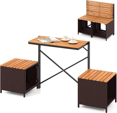 Produktbild von COSTWAY Gartenmöbel Sets 4 tlg., 2 in 1 Gartenbank, wandelbarer Picknicktisch & Sitzbank Balkonset, Balkonmöbel Kleiner Balkon, Sitzgruppe Braun