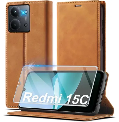 Image de Coque de protection en simili cuir pour Xiaomi Redmi 15C 4G/5G, type portefeuille rabattable avec porte-cartes, support intégré, fermeture magnétique, couleur marron
