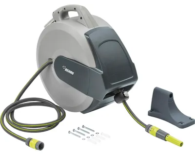 Produktbild von Rehau Schlauchtrommel 35m Gartenschlauch Trommel mit Spritzdüse und automatischem Schlauchaufroller, Garten Schlauchbox mit Wandmontage schwenkbar + Befestigungszubehör