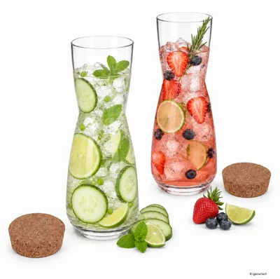 Zdjęcie produktu dla Zestaw 2 sztuk: Karafa Carla, 1 litr, szklana, z korkowym korkiem, idealna do wina, wody lub soku, Obraz wygenerowany przez AI