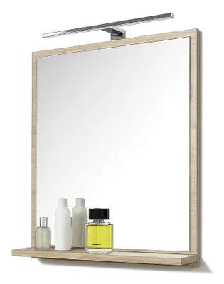 Produktbild von Badspiegel mit 1 Ablage Badezimmerspiegel Spiegel Regal Wandspiegel Hängespiegel Badmöbel Spiegel Flurspiegel für Schlafzimmer Sonoma Eiche 60X70 LED