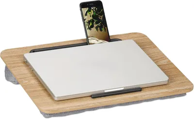 Produktbild von Laptop-Kissen mit Telefonhalterung - B x T: 42 x 32 cm - Laptop-Schalkissen - Für Bett und Sofa - Laptop-Tisch - Natur-Grau
