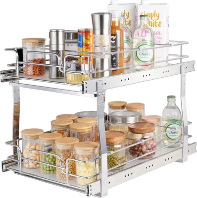Produktbild von Ausziehbares Spülschrankregal Küchenschrank Gewürzregal Doppelkorb, 300 x 516 x 80 mm + 376 x 533 x 80 mm Waschbecken Regal Herausziehbarer Schrank Organizer Unterschrankregal Spülschrank