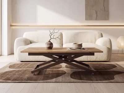 Produktbild von Couchtisch Höhenverstellbar Ausziehbar – Wohnzimmertisch & Esstisch mit Rollen, Braunem X-Metallgestell – 120 x 80 cm bis 160 x 80 cm – Eiche Braun