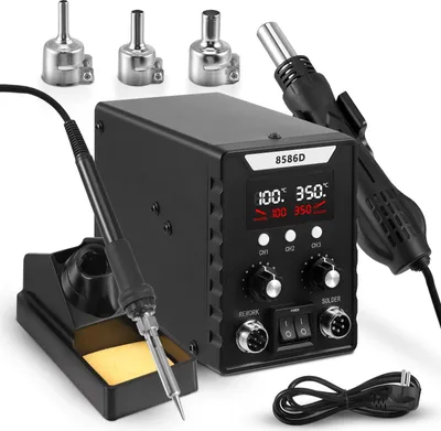 Immagine prodotto di Stazione di saldatura ad aria calda e stazione di rilavorazione - SMD 700 W - Temperatura regolabile - Portata d'aria regolabile - 3 ugelli - CE - 220 V UE - Nero