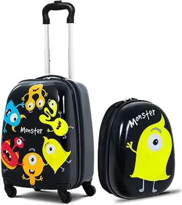 Produktbild von GOPLUS 2 TLG. Kinder Reisekoffer Set, Kinderkoffer mit Rucksack, Reisekoffer mit Rollen & Teleskopgriff, Hartschalenkoffer Farbwahl (12"+16", Monster)