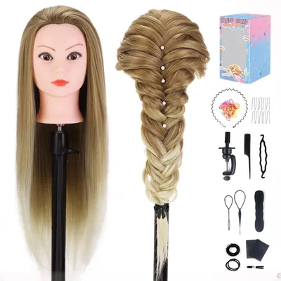 Productafbeelding van Kop voor kappersopleiding, 75 cm, met synthetisch haar, tafelklem en styling set