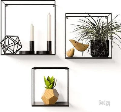 Immagine prodotto di Gadgy Gadgy Set 3 pezzi - Rack da parete nero - Decorazione da parete industriale - Decorazione da parete in metallo - Quadrato