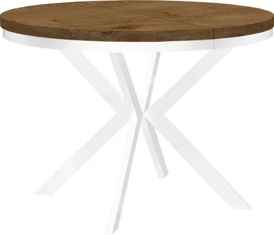 Produktbild von Runder Ausziehbarer Tisch für Esszimmer ENDIK mit Ring-Gestell und Metallbeinen, Durchmesser: 90 / 140 cm, Farbe: Eiche Lefkas / Weiß