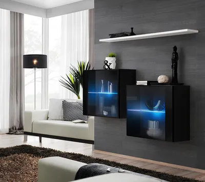 Produktbild von Schwarz Wandschrank Komplett Wohnwand Wand Regal Modern Designer Holzmöbel