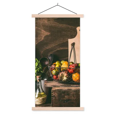 Produktbild von MuchoWow® Textilposter Gemüse - Kräuter - Rustikal - Stilleben - Basilikum 60x120 cm mit holzfarbenen Rahmen - Holz