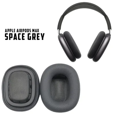 A pair of Apple AirPods Max headphones and two ear pads are shown against a white background.