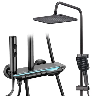 Produktbild von Duschsystem Messing Grau, 4 Wasserausgabe Modi, Duscharmatur Komplettset, Duschset Digitale Temperaturanzeige mit Atmosphärenlicht