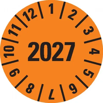 Produktbild von Dreifke® Prüfplakette 2027, orange, Dokumentenfolie, selbstklebend, Ø 15mm, 6...