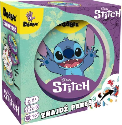 The image shows the packaging of a Dobble game featuring Disney's Stitch.