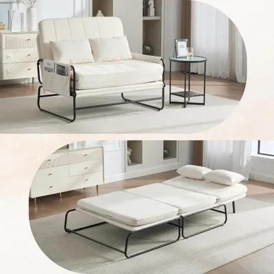Produktbild von AIORBER Schlafsofa 2 Sitzer Klappsofa mit Bettfunktion Metallgestell Chenille Couch mit Seitentaschen Kissen Beige