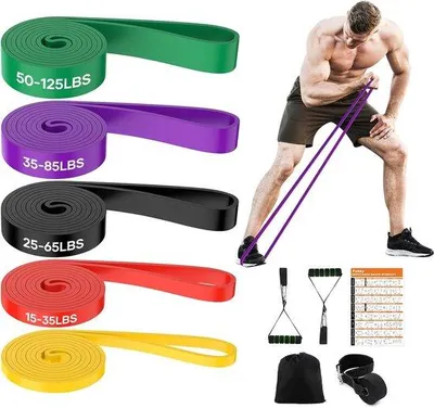 Produktbild von Set mit 5 Widerstandsbändern, inklusive 2 Handgriffen, Türanker, Tragetasche und Trainingsanleitung – Fitnessbänder für Crossfit, Yoga und Pilates
