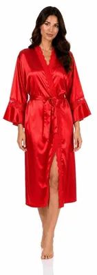 Produktbild von Damen Satin Morgenmantel Kimono mit Spitze Seidenoptik Hausmantel Rot L/40