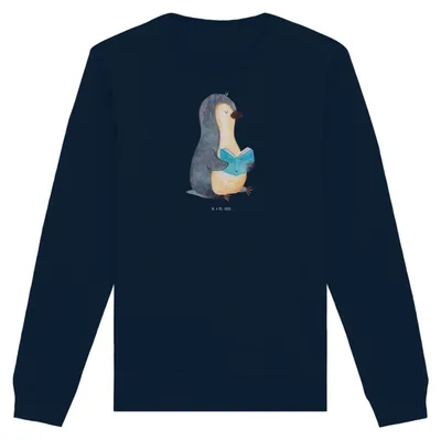 Produktbild von Mr. & Mrs. Panda Baumwoll Pullover Pinguin Buch Größe M - French Navy - Geschenk, Sweatshirt, Ausruhen, Pulli, Urlaub, Nichtstun, Lesen, Entspannen, Sweater