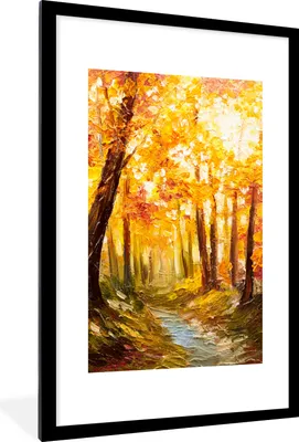 Produktbild von MuchoWow® Gerahmtes Poster Gemälde - Herbst - Wald - Ölgemälde 60x90 cm - Poster mit Schwarzem Bilderrahmen Wandposter Rahmen Foto Bilder - Dekoration - Wandposter Wohnzimmer - Hochwertig