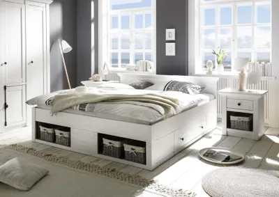 Produktbild von Funktionsbett 180x200 cm weiß Pinie mit 2x Bettschubladen WALES