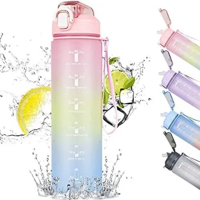 Image de Gourde sportive d'une contenance d'1 litre, avec chronomètre, bouchon anti-fuites sans BPA et paille - Effet dégradé rose - Idéale pour la salle de sport, le bureau et les activités de plein air