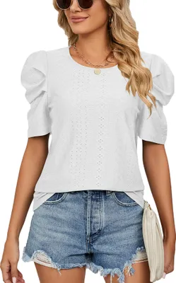 Produktbild von ASKSA Damen T-Shirt Puffärmel Shirts Einfarbige Tops Rundhals Kurzarm Sommer Oberteil, Weiß, M