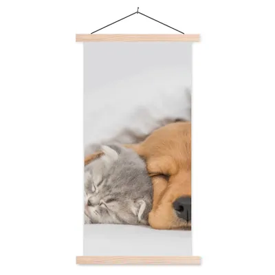 Produktbild von MuchoWow® Textilposter Haustiere - Hund - Katze - Decke 60x120 cm mit holzfarbenen Rahmen - Holz