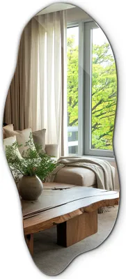 A modern living room with a large, irregularly shaped mirror reflecting a window with lush green trees outside.