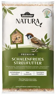 Produktbild von Dehner Natura Premium Wildvogelfutter, Streufutter schalenfrei, Ganzjahresfutter proteinreich / energiereich, hochwertiges Vogelfutter für Wildvögel, 5 kg