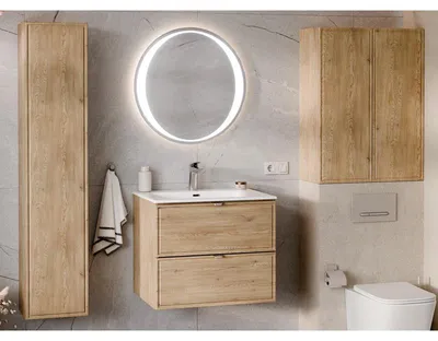 Image de Ensemble Complet Meuble Vasque 60 cm + Vasque + Miroir LED + Colonne + 2 meubles hauts - Caldera Clair