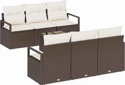 Image de Ensemble de canapés de jardin vidaXL, 7 pièces, 6 places, couleur marron et crème, en polyrotin
