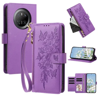 Produktbild von Handyhülle für Huawei Mate 70, Wallet Case Kunstleder mit Kartenfächern, Reißverschluss und Handschlaufe Lila