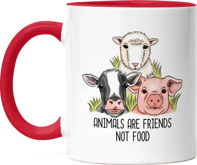 Produktbild von Animals Are Friends Not Food Tasse Rot Vegan Vegetarier Plant-Based Geschenkidee Schaf Kuh Schwein Bauernhof