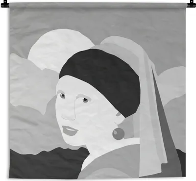 Produktbild von MuchoWow® Wandteppich Wandbehang Girl With A Pearl Earring - Schwarz - Weiß - Sonne 150x150 cm Tapisserie Dekoration Wandtuch - Wohnaccessoires - Modernes
