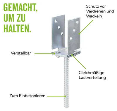 Produktbild von Alberts U-Pfostenträger mit Betonanker aus Riffelstahl, zum Einbetonieren, lichte Breite 71 - 131 mm