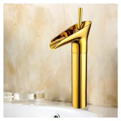 Produktbild von Wasserfall Wasserhahn Bad Gold Wasserhahn Messing Waschtischarmatur, Heißes und Kaltes Wasser Mischbatterie Bad Armatur, Hoch Einhebel Waschbecken Armaturen