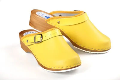 Produktbild von CLOGS Pantolette Sandalette Holz Leder Holzschuhe Holzclogs Damen Klotschen Gelb 36