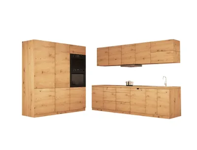 Produktbild von Küchenzeile 320 cm mit Hochschrank Kühlumbauschrank Küchenblock Ohne Arbeitsplatte Küchenzeile Einbauküche, Langen KL16-M320, Artisan Eiche