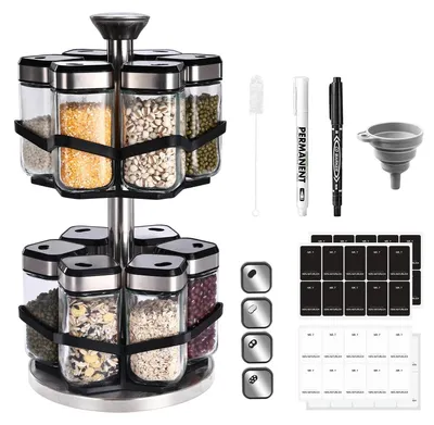 Obrázok produktu pre Dvojposchodový regál na korenie – otočný organizér – 12 vzduchotesných sklenených nádob s objemom 120 ml – otočná doska – borosilikátové sklo – čierna farba