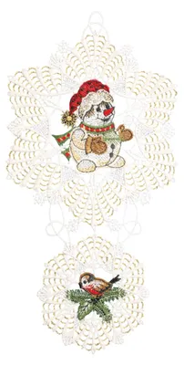 Produktbild von Fensterbild „Schneemann in Schneeflocke“, farbig, 16 x 29 cm, Plauener Spitze