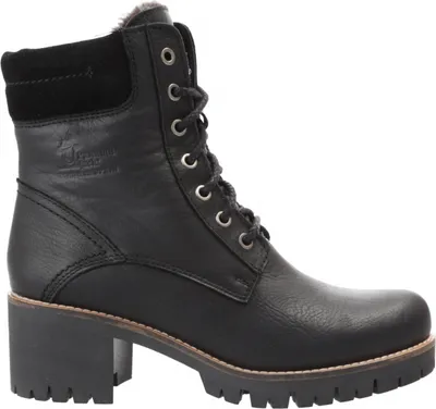 A black leather lace-up boot with a thick sole and heel.