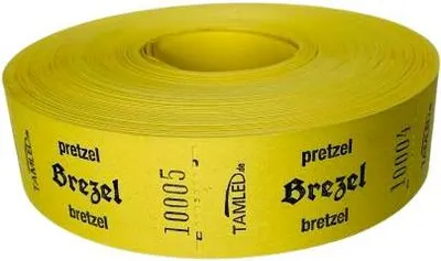 Produktbild von Bonrolle BREZEL gelb dreisprachig 1000 Abrisse Zucker Lauge Salz Butter Brezen