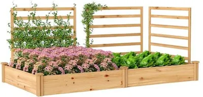Image de Jardinière surélevée avec échelle en bois, bac à fleurs doté de 3 cloisons en lattes et d'un fond ouvert, 240 x 125 x 102 cm, bois naturel