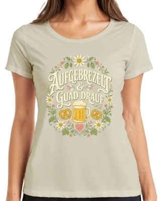 Productafbeelding van Oktoberfest-shirt voor dames, "Aufgebrezelt & Guad Drauf", met lederhosen-motief, natuurlijke kleur, maat 3XL