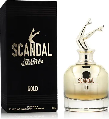 A perfume bottle and its packaging are displayed against a white background.