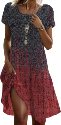 Produktbild von ASKSA Damen Sommerkleid Laessig Sommer Boho Kleid Elegant Blumendruck Maxikleid Kurzarm A-Linie Strandkleid (Grau,XXL)